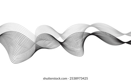 Fluxo de linhas abstratas de ondas cinzentas com curvas elegantes e camadas dinâmicas, perfeito para projetos minimalistas elegantes, marca digital moderna e conceitos visuais futuristas inovadores.

