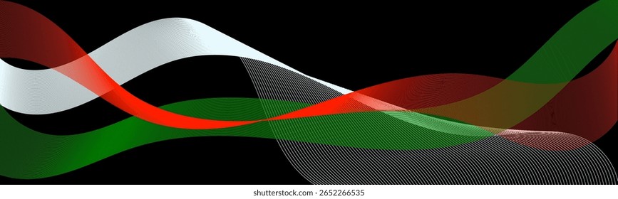Fluxando fitas abstratas em vermelho, verde, branco e preto, graciosamente sobre um fundo escuro, formando um design moderno em forma de onda com uma aparência elegante e dinâmica.

