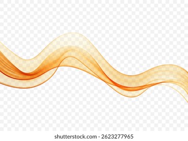 Flowing abstract wave in warm orange and yellow tones on transparent background. Vector design with smooth motion and layered translucency.