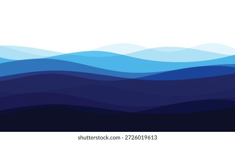 Ondas abstratas fluindo em tons serenos de gradiente profundo e azul claro criam um design suave, em camadas e tranquilo, ideal para um pano de fundo moderno, banner ou site