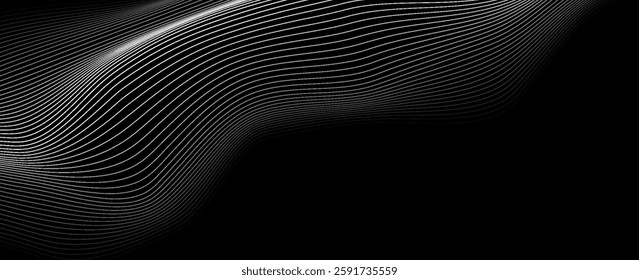Flowing black dots particles wave pattern 3D curve halftone black gradient curve shape isolated on white background. Vector in concept of technology, science, music, modern.