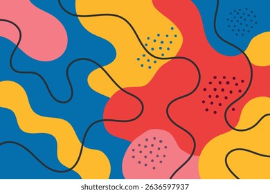 Flowing blobs of red, yellow, and blue with curvy black line accents
