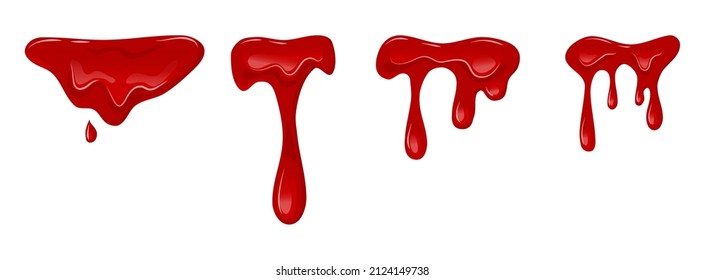 Flowing blood set on a white isolated background. Dripping liquid. Red slime. Vector cartoon illustration.