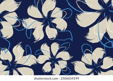 flowing blue lines weave around and between the flowers, adding a sense of movement and connecting the elements within the design. vector illustration