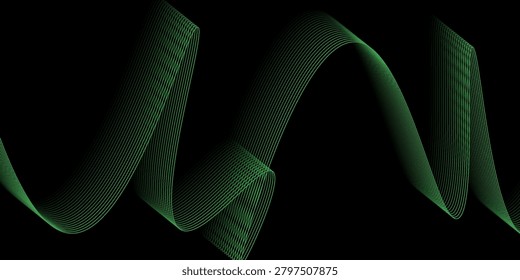 Flowing blue ribbon of layered lines forms an abstract wave against a black background, evoking motion, energy, technology and modern design for backgrounds, banners, presentations and digital art.