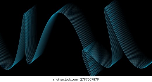 Flowing blue ribbon of layered lines forms an abstract wave against a black background, evoking motion, energy, technology and modern design for backgrounds, banners, presentations and digital art.