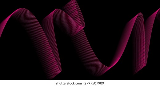 Flowing blue ribbon of layered lines forms an abstract wave against a black background, evoking motion, energy, technology and modern design for backgrounds, banners, presentations and digital art.