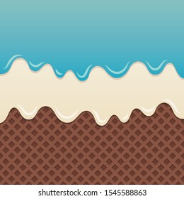 Flowing blue sauce and milk cream melt on chocolate wafer background.