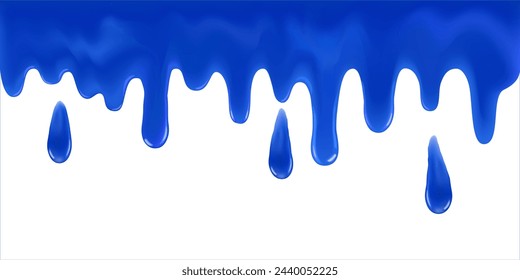 Fließende blaue klebrige Flüssigkeit. Realistischer blauer Schleim tropft und fließt. Bunte Karamellltropfen süßer Sauce auf weißem Hintergrund isoliert.  Toffee-Ströme schmolzen horizontal Spritzer. 3D-realistischer Vektor