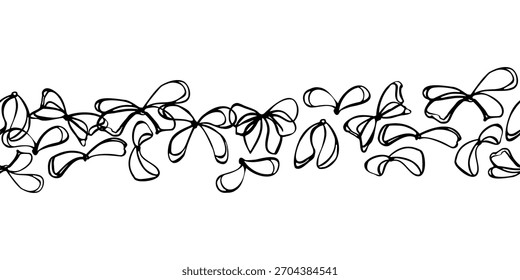 Flowing bow knots and ribbon lines connected as continuous border. Hand drawn seamless banner, vector illustration in pen and ink. Festive frame, greeting design, decorative divider.