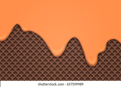 flowing caramel cream over chocolate wafer pattern. dessert vector background. tasty, sweet food design. bakery menu decoration with drip ice cream and cocoa biscuit