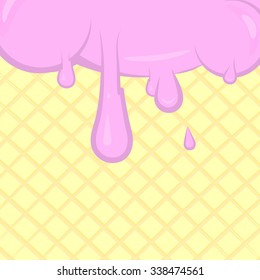 Flowing cartoon pink ice cream on wafer texture. Template for cafe, cover, background, your text message.