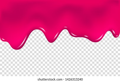 Flowing cherry or raspberries jam. Dripping pink caramel. Realistic paint drip or nail polish. Slime vector texture.