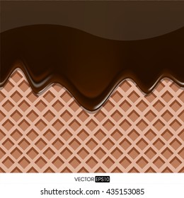 flowing chocolate cream over chocolate wafer pattern. vector dessert background. closeup sweet food design. bakery menu decoration with drip ice cream and cocoa biscuit