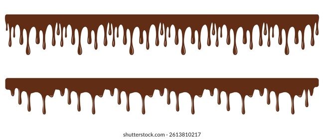Flowing chocolate drip border vector with smooth brown melted edges and glossy texture, dessert-themed design element suitable for confectionery branding, food packaging, banners, and sweet recipes