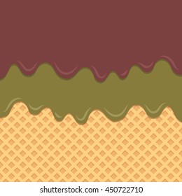 Flowing chocolate and green tea melt on wafer background.