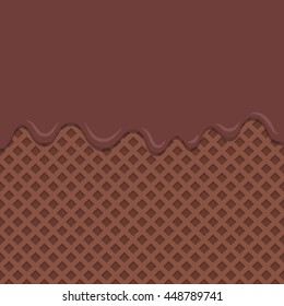 Flowing chocolate melt on chocolate wafer background.