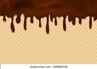 Flowing chocolate on wafer texture - sweet food background. Vector illustration.