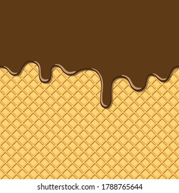 Flowing chocolate on wafer texture, Choco cream melted on waffle seamless background pattern, Minimal flat design for template banner, poster, label, Vector illustration