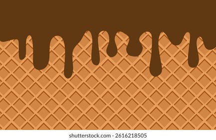 Flowing chocolate on wafer texture. Waffle texture with melted chocolate background vector illustration, can be use as background, packaging element etc