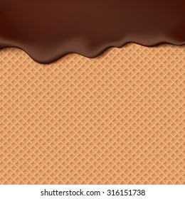 Flowing Chocolate On Wafer Texture Sweet Food Vector Background Abstract. Melt Choco On Waffle Seamless Pattern.