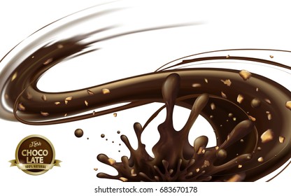 Flowing chocolate sauce with nuts isolated on white background in 3d illustration