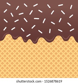 Flowing chocolate sauce on wafer vector with white sprinkles on top.