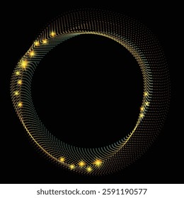 Flowing colorful round frame with dots, particles, wavy halftone gradient shape isolated on black background. Clip art concept of technology, science, music, modern.