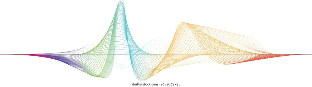 Flowing colourful rainbow wireframe sound waves, visualization of equalizer frequency signals audio equalizer, conceptual futuristic abstract technology waveform transparent background