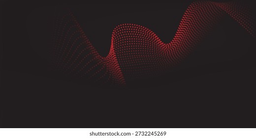 Concepto que fluye puntos ciencia, música, partículas modernas. patrón de onda rojo aislado sobre fondo negro. ilustraciones