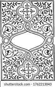 The flowing curved lines that surround and interlace the geometrical framework of a design for a book-cover in the style of Grolier, vintage line drawing or engraving illustration.