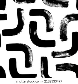 Flown gekrümmte Linien, Vektornahtloses Muster. Wiederholtes geometrisches Dreiecksgitter. Geometrische, schwarze, breite Pinselstriche. Moderne, stilvolle Textur mit einfarbigen Elementen. Vintage-Retro-Vektordesign