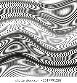Flowing curved pattern. Abstract vector waves. Dynamic optical shape. Black artistic texture.