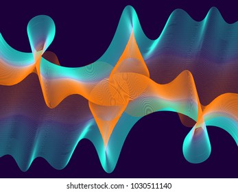 Flowing curves vector pattern, geometric graphic design. Abstract background with blue neon and orange bent lines on black. Progressive technological motion concept, curve lines scientific cover.