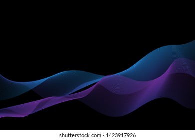 Flowing curves vector pattern, geometric graphic design. Abstract background with blue violet bent lines on black. Progressive technological motion concept, curve lines scientific cover, banner.