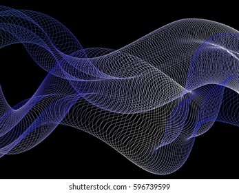 Flowing curves vector pattern, geometric graphic design. Abstract background with blue and white bent lines on black. Progressive technological motion concept, curve lines scientific cover, banner.