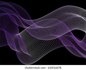 Flowing curves vector pattern, geometric graphic design. Abstract background with violet and white bent lines on black. Progressive technological motion concept, curve lines scientific cover, banner.
