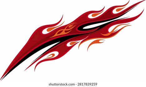 Flowing diagonal flame decal for side panel vehicle styling and racing.