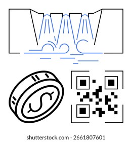 Flowing digital data represented as streams connecting to conventional currency and QR code, symbolizing modern financial integration. Ideal for fintech, banking, e-commerce, digital payments