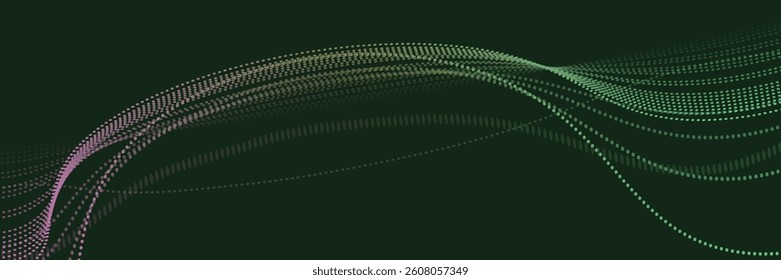 Flowing dot line particles wave pattern halftone green gradient smooth curve shape isolated on transparent background. Vector in concept of technology, science, music, modern.