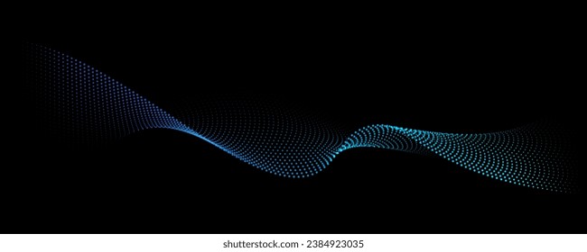Flowing dot particles light wave pattern halftone blue and green gradient smooth curve shape isolated on black background. Vector in concept of technology, science, music, modern.
