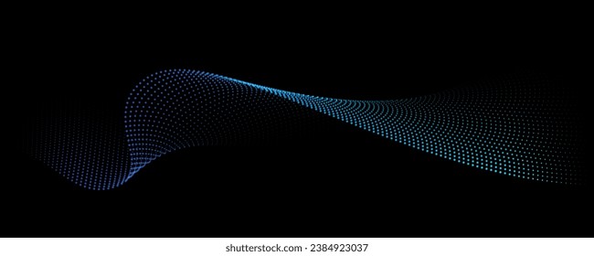 Partículas de punto flotantes patrón de onda luminosa forma de curva suave de medio tono azul y verde gradiente aislado en fondo negro. Vector en concepto de tecnología, ciencia, música, moderno.