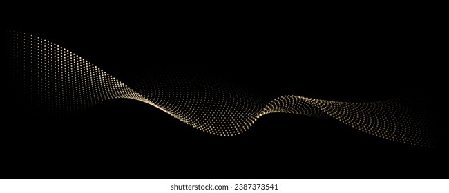 Flowing dot particles light wave pattern halftone gold gradient smooth curve shape isolated on black background. Vector in concept of luxury, technology, science, music, modern.