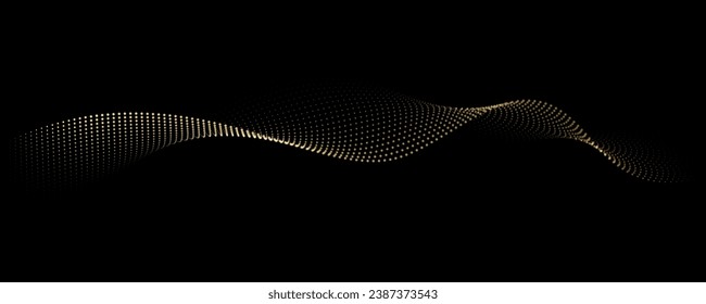 Flowing dot particles light wave pattern halftone gold gradient smooth curve shape isolated on black background. Vector in concept of luxury, technology, science, music, modern.