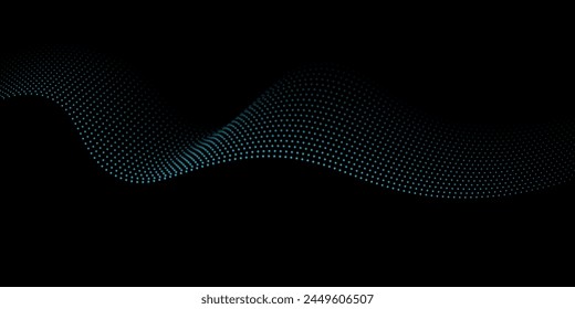 Flowing dot particles light wave pattern halftone blue and green gradient smooth curve shape isolated on black background. Vector in concept of technology, science, music, modern arts wavy