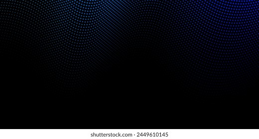 Flowing dot particles light wave pattern halftone blue and green gradient smooth curve shape isolated on black background. Vector in concept of technology  wave