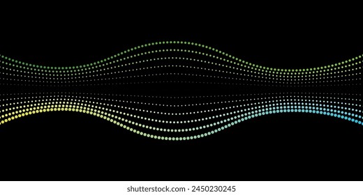 Flowing dot particles light wave pattern halftone blue and green gradient smooth curve shape isolated on black background. Vector in concept of technology, science, music,