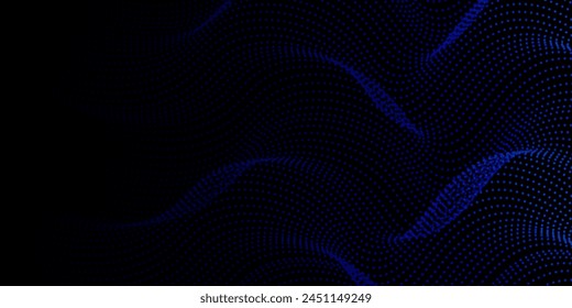 Patrón de onda de luz de partículas de punto fluido de medio tono azul y verde degradado forma de curva suave aislado sobre fondo negro. Vector en concepto de tecnología, ciencia, música, moderno punto azul abstracto