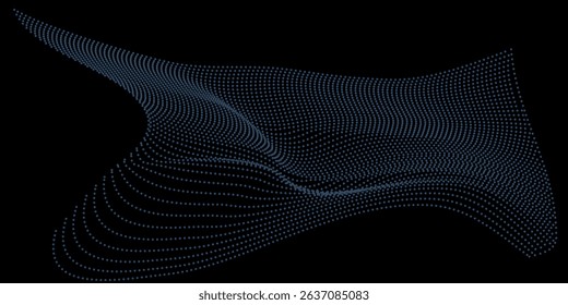 Flowing dot particles light wave pattern halftone blue and green gradient smooth curve shape isolated on black background. Vector in concept of technology, science, music, modern arts halftone