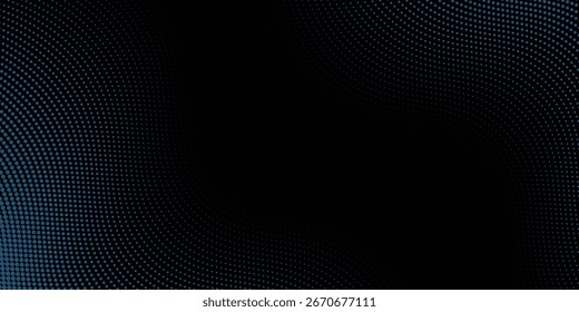 Flowing dot particles light wave pattern halftone blue and green gradient smooth curve shape isolated on black background. Vector in concept of technology, best seller background
